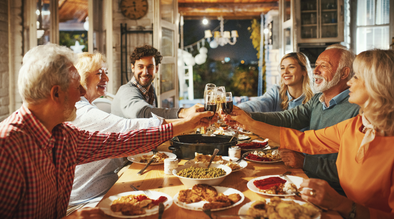 A family seated at a table toasting to each other while eating a holiday meal