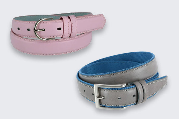 Women's pink belt and men's grey/blue belt width=