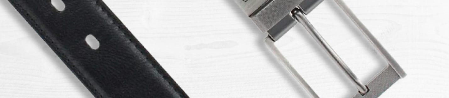 About Belt Outlet navy banner with diagonal belt pattern