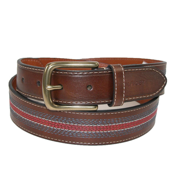 Men's Leather Contrast Stitch Stripe Inlay Belt