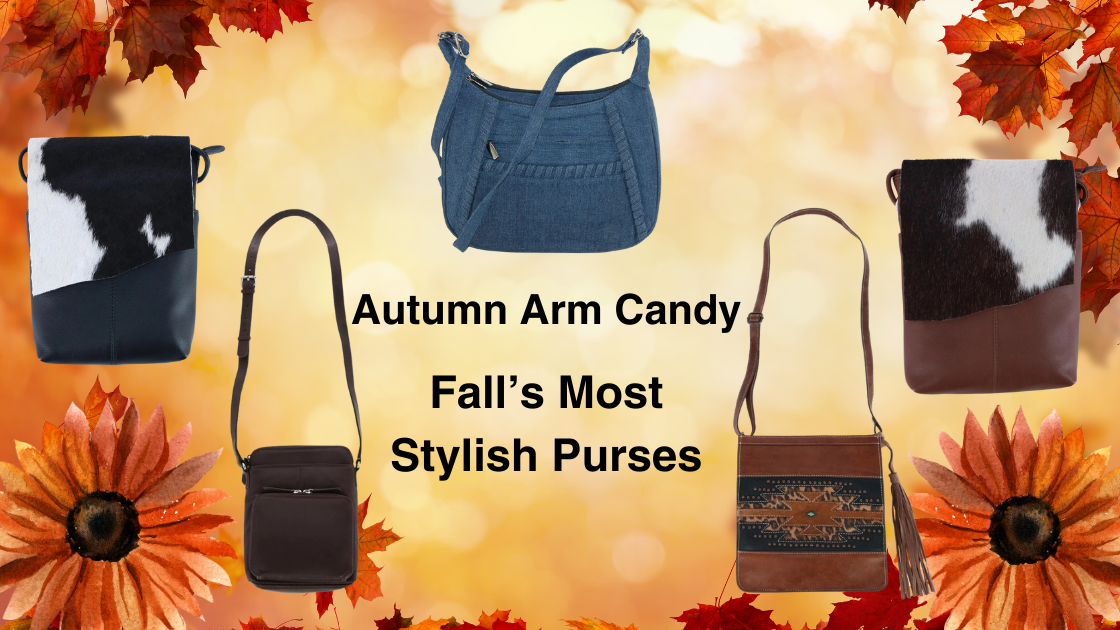 Belt Outlet Fall Favorite Purses featuring browns, cow print, and denim.
