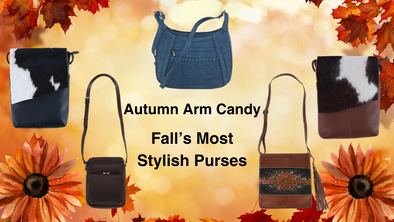 Belt Outlet Fall Favorite Purses featuring browns, cow print, and denim.