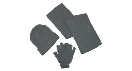 A three piece winter set including a hat, gloves, and scarf