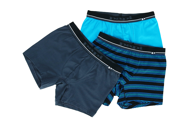 Three pair of men's briefs in various shades of blue