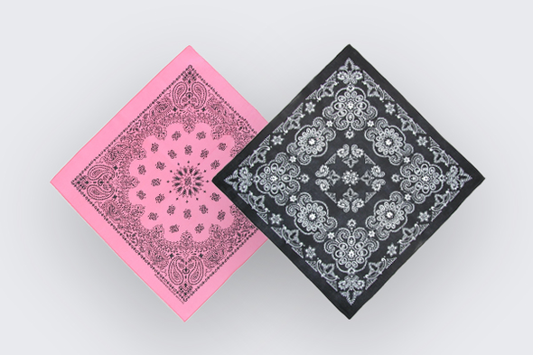 One pink and one black bandana displayed next to and overlapping each other width=