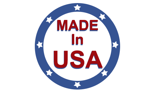 circular design with a blue and white border that says Made in the USA in the middle.