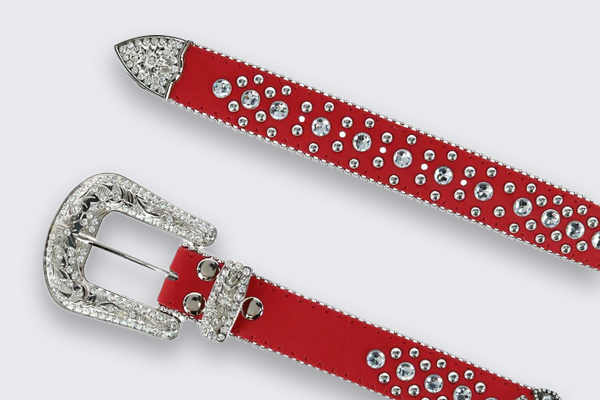 A red women's belt with rhinestones