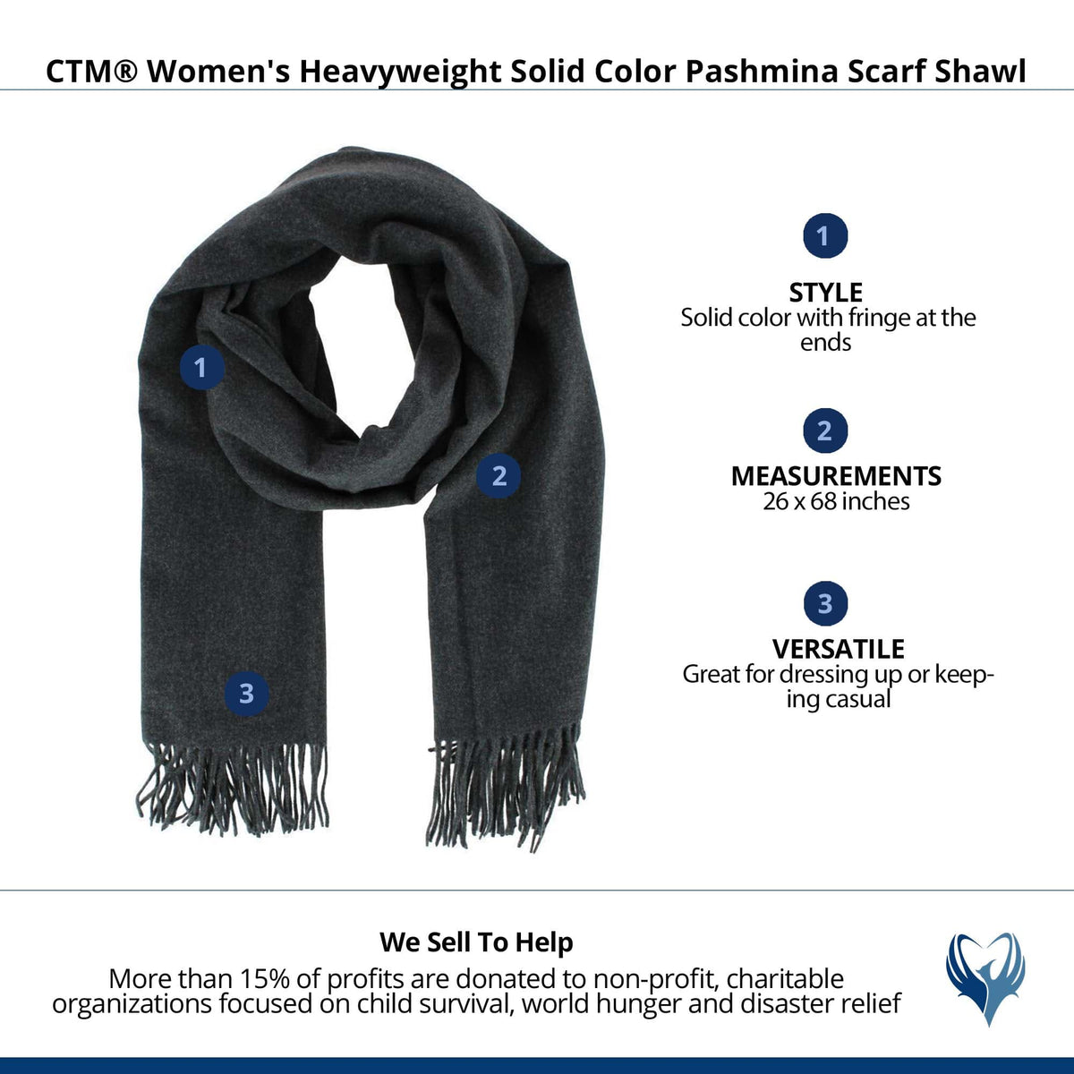 CTM® Women's Heavyweight Solid Color Pashmina Scarf Shawl - Charcoal