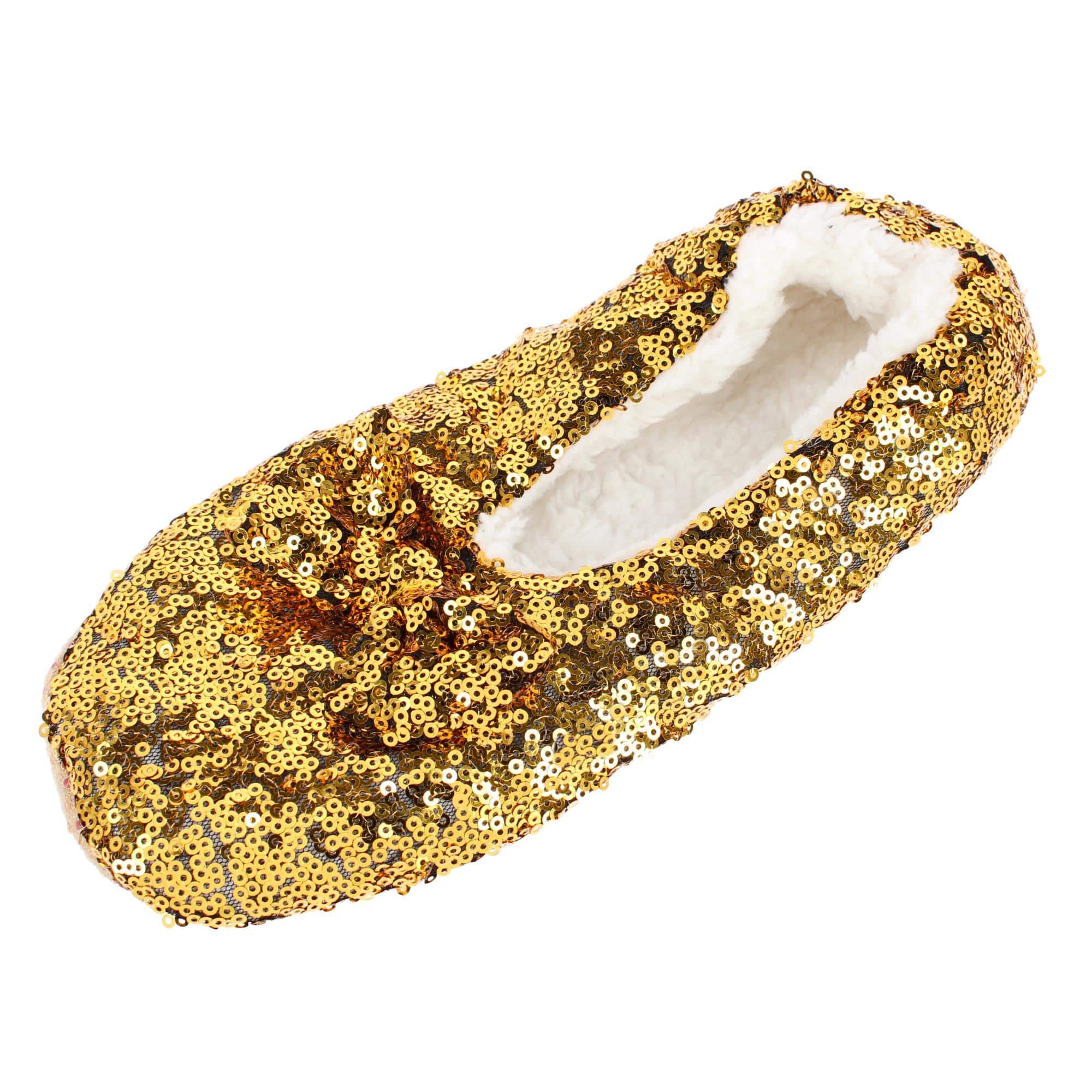 Alotta Knits Women's Sequins Ballerina Slippers with Sherpa Fleece Lining - Gold