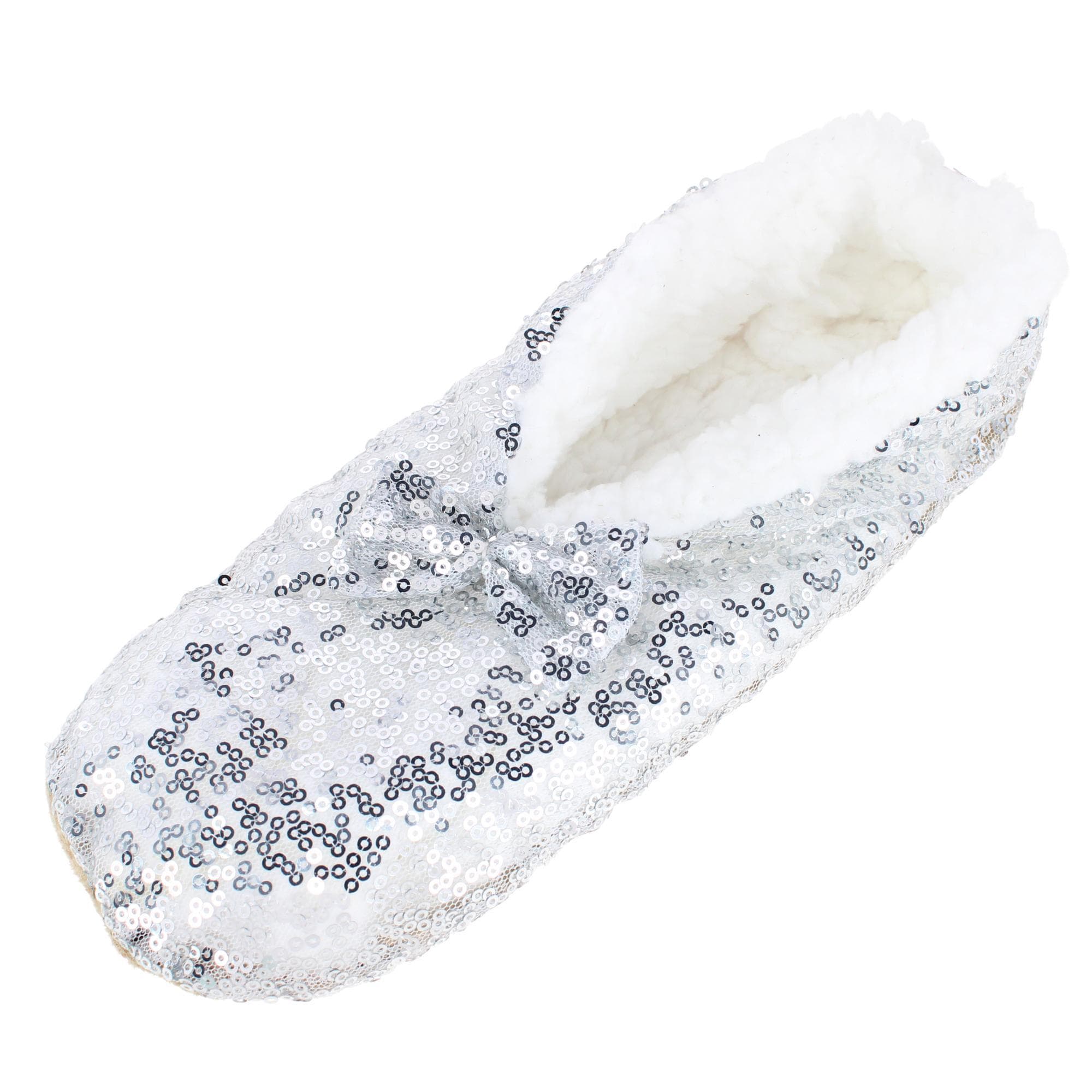 Alotta Knits Women's Sequins Ballerina Slippers with Sherpa Fleece Lining - Silver