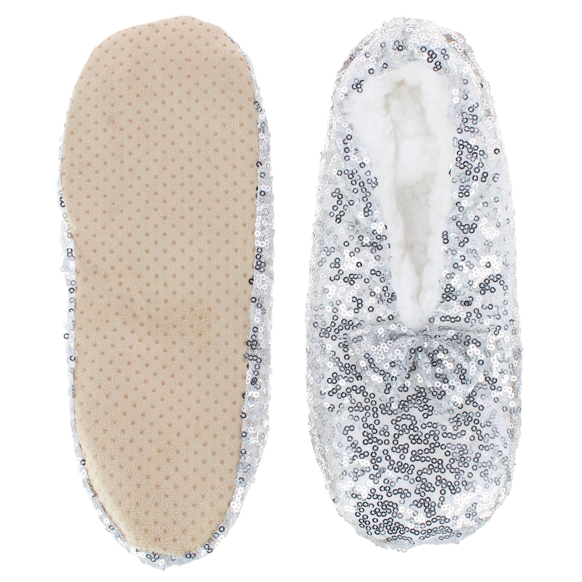 Alotta Knits Women's Sequins Ballerina Slippers with Sherpa Fleece Lining - Silver