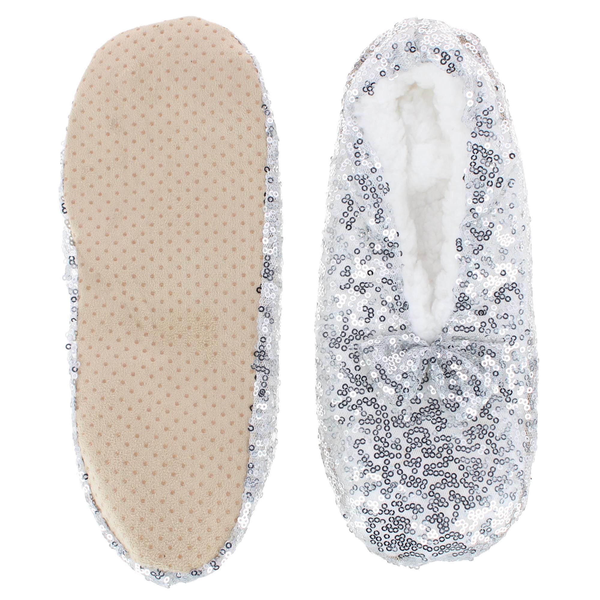 Alotta Knits Women's Sequins Ballerina Slippers with Sherpa Fleece Lining - Silver