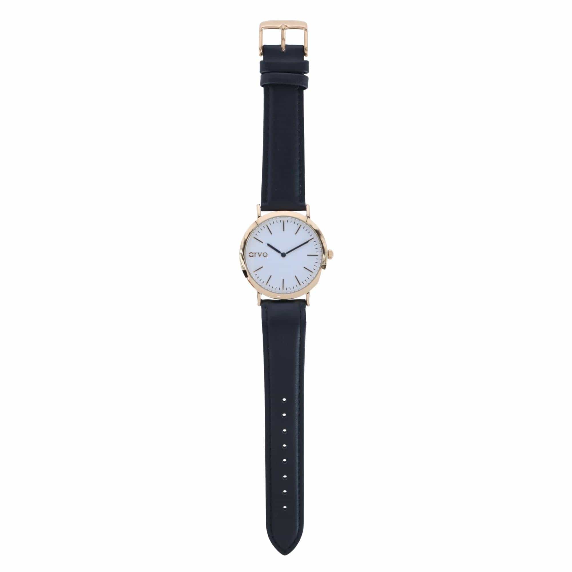 Arvo White Face Gold Time Sawyer Watch - Black Leather Band