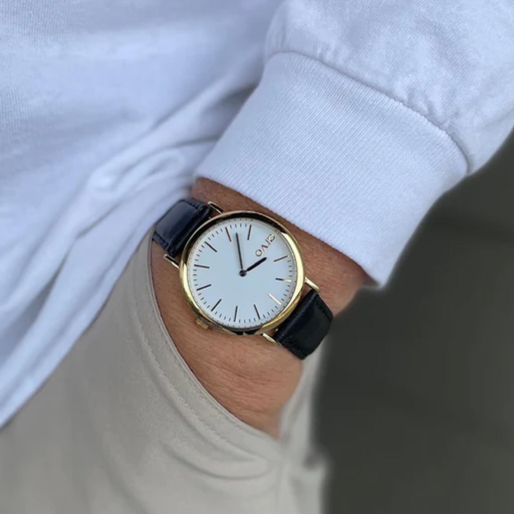 Arvo White Face Gold Time Sawyer Watch - Black Leather Band