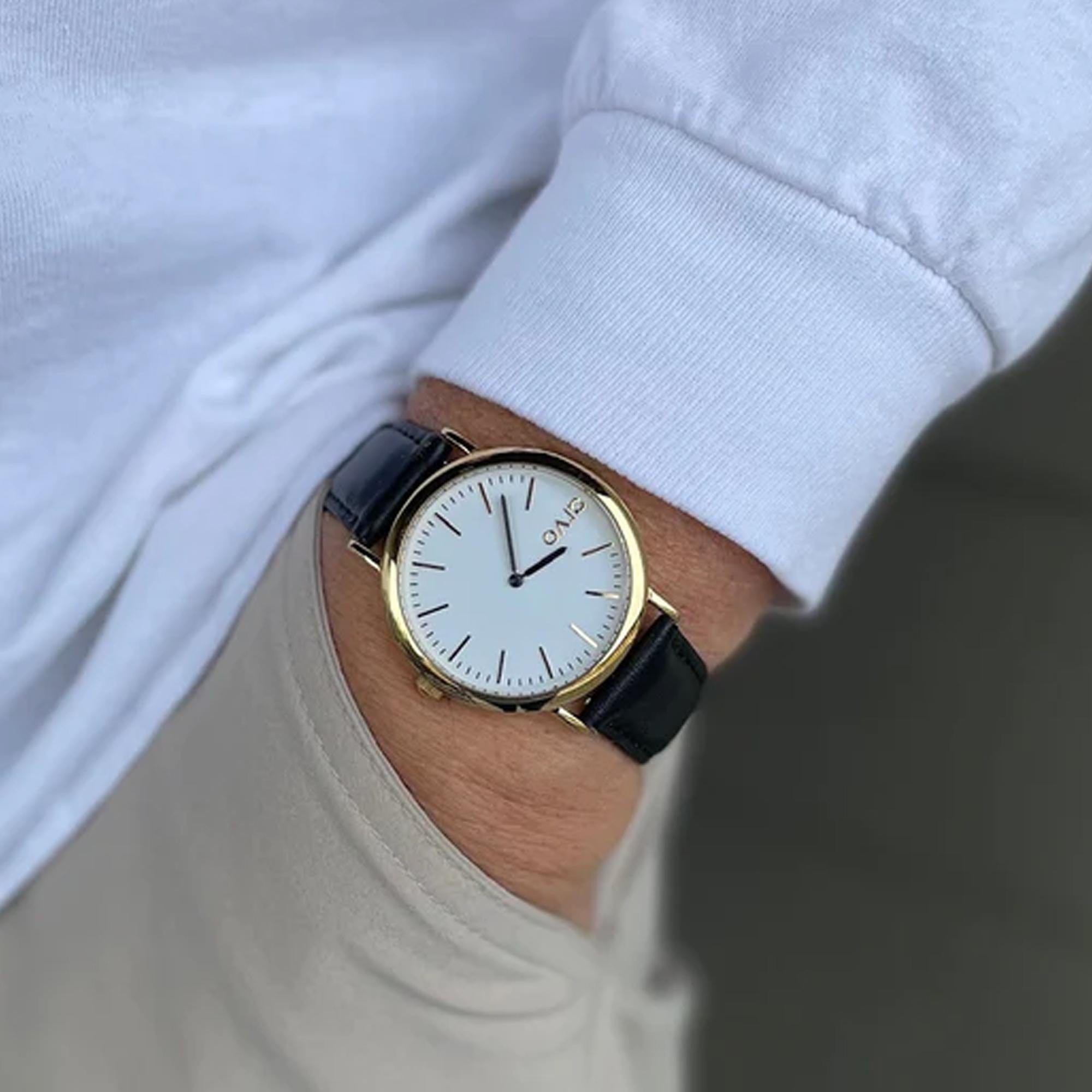 Arvo White Face Gold Time Sawyer Watch - Black Leather Band