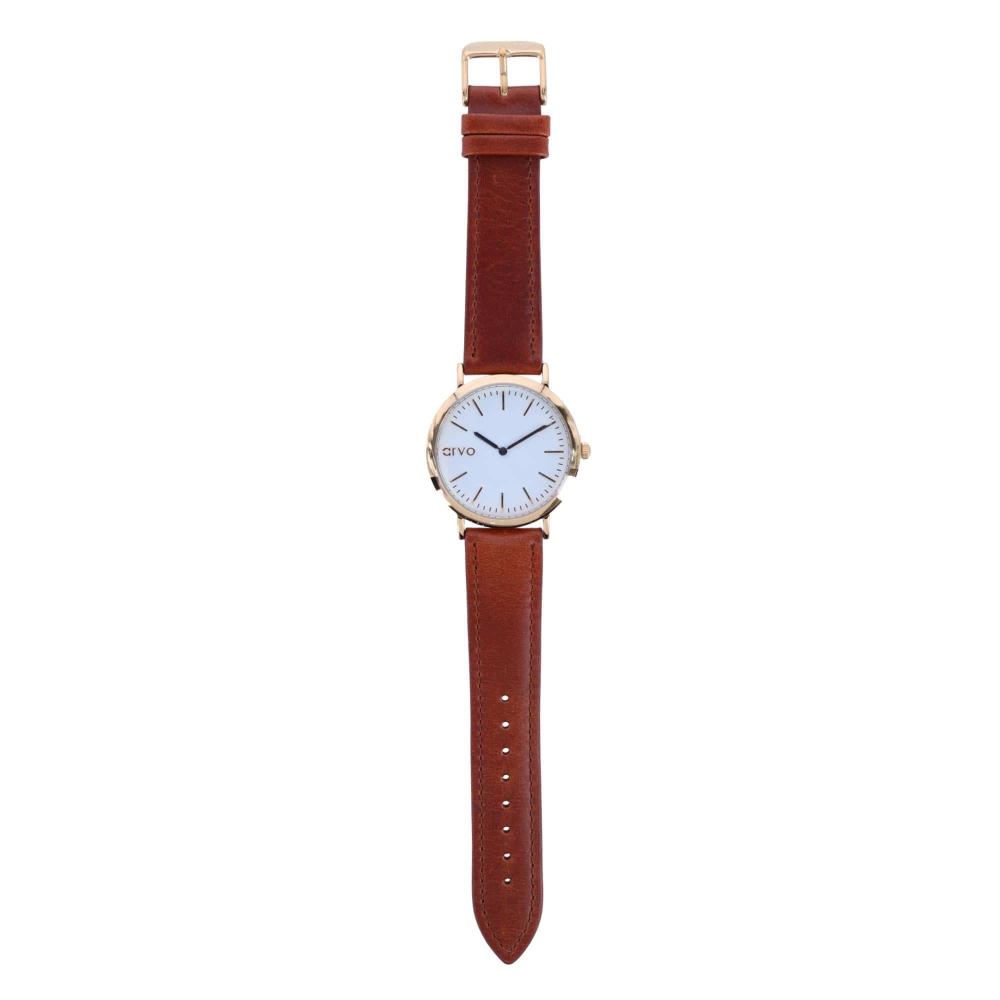 Arvo White Face Gold Time Sawyer Watch - Brown Leather Band