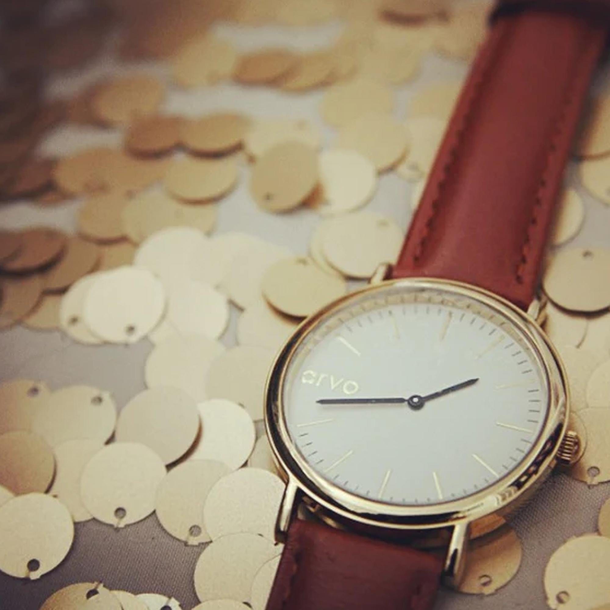 Arvo White Face Gold Time Sawyer Watch - Brown Leather Band