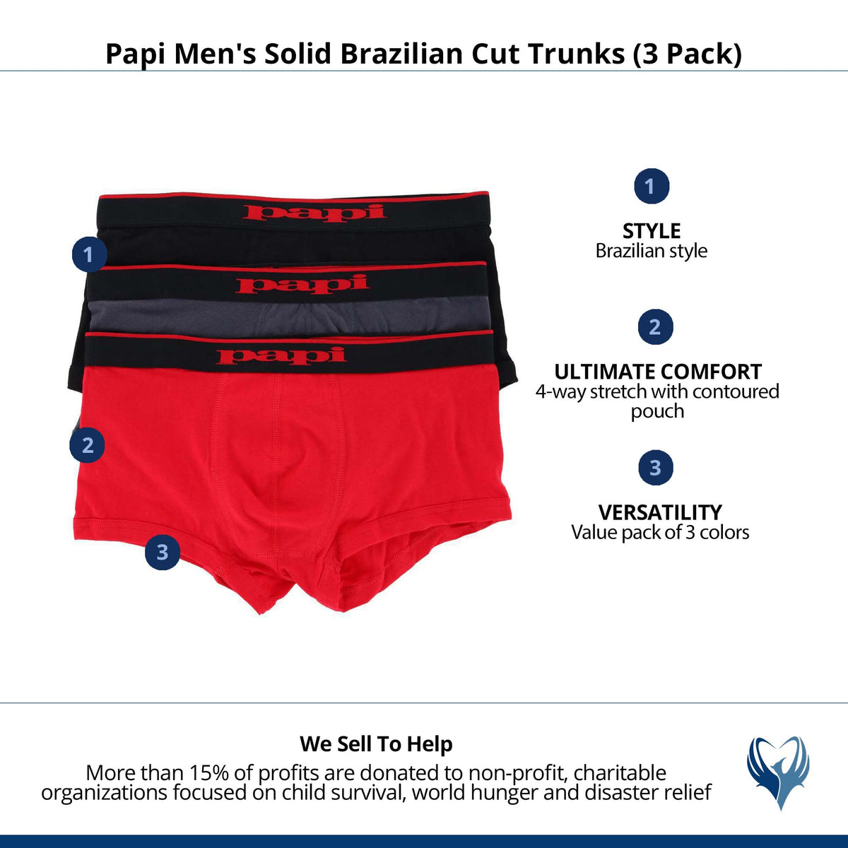 Papi Men's Solid Brazilian Cut Trunks (3 Pack) - Black/Red