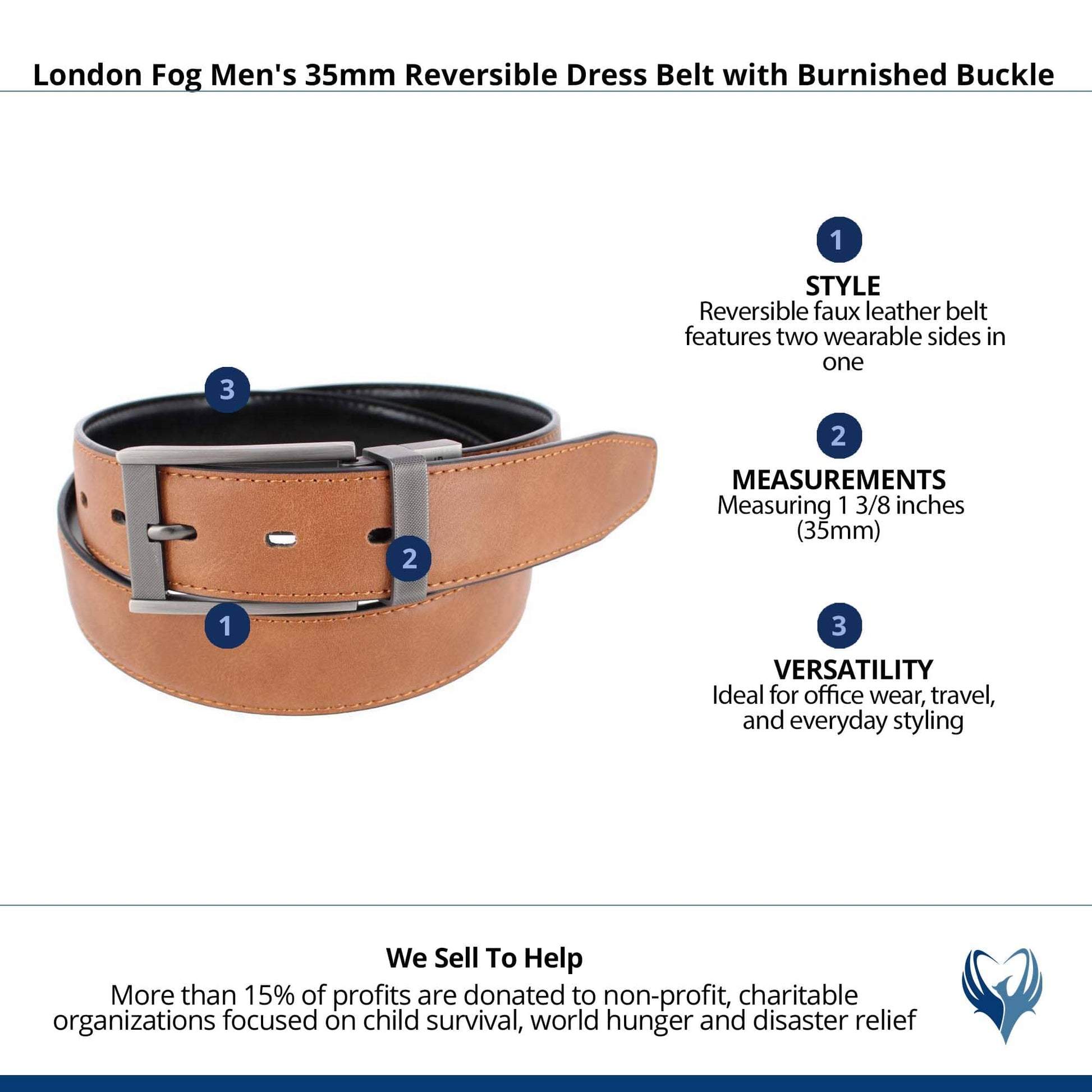 London Fog Men's 35mm Reversible Dress Belt with Burnished Buckle - Tan/Black