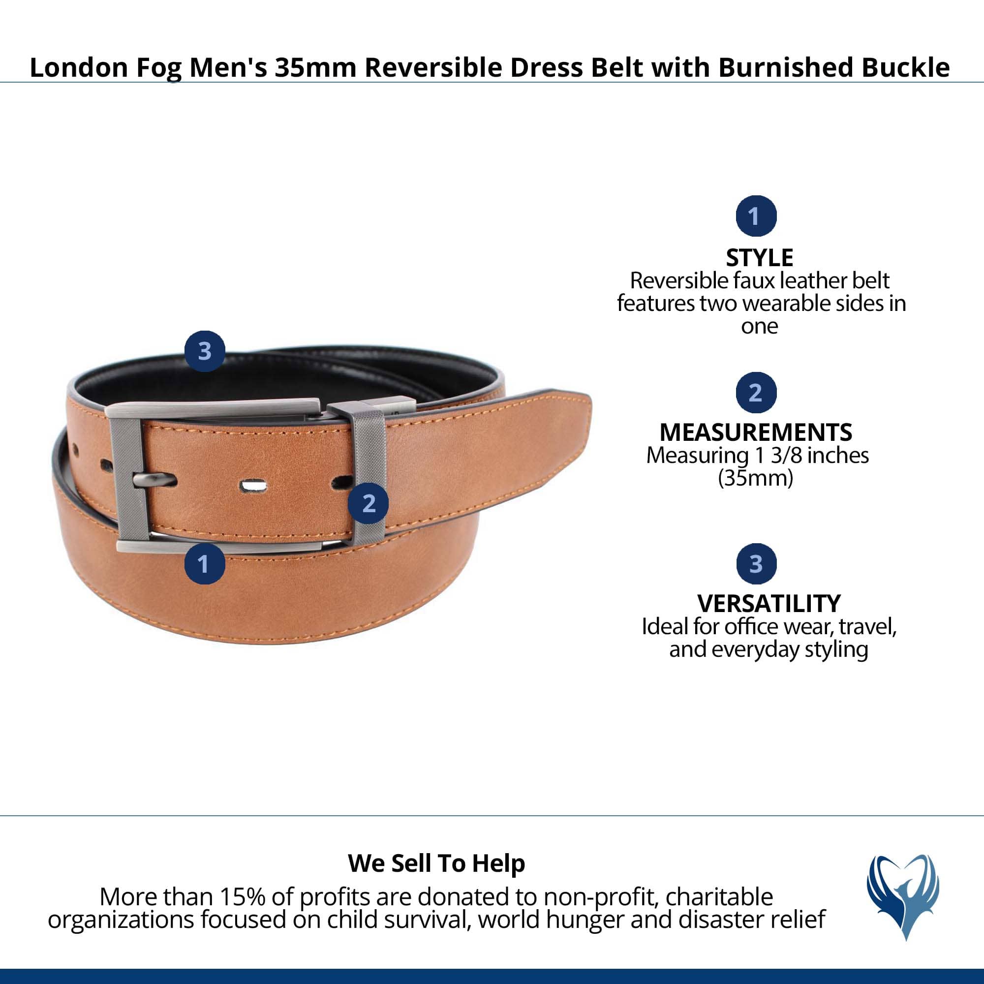 London Fog Men's 35mm Reversible Dress Belt with Burnished Buckle - Tan/Black