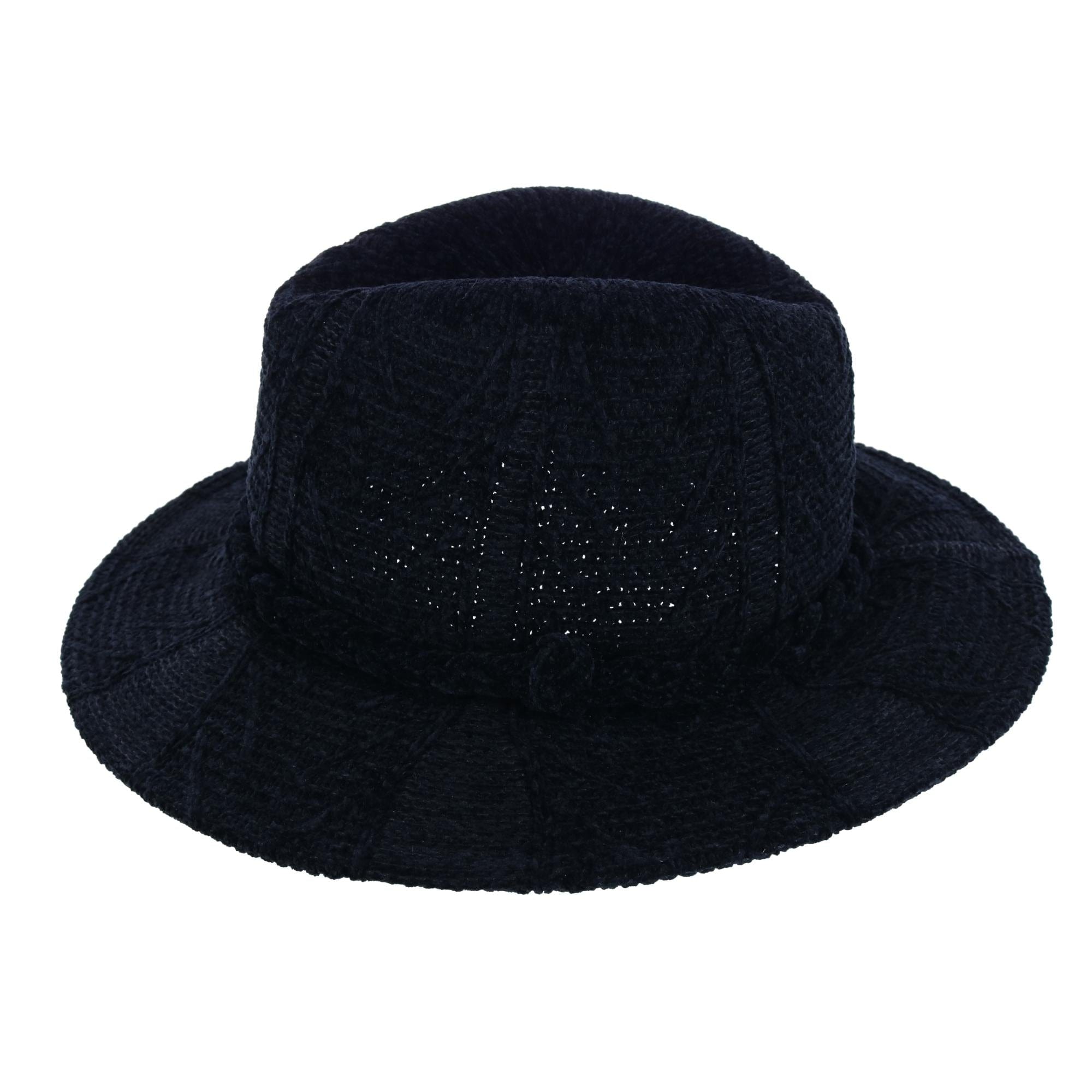 Aquarius Women's Knit Chenille Print Fedora with Braided Hat Band - Black