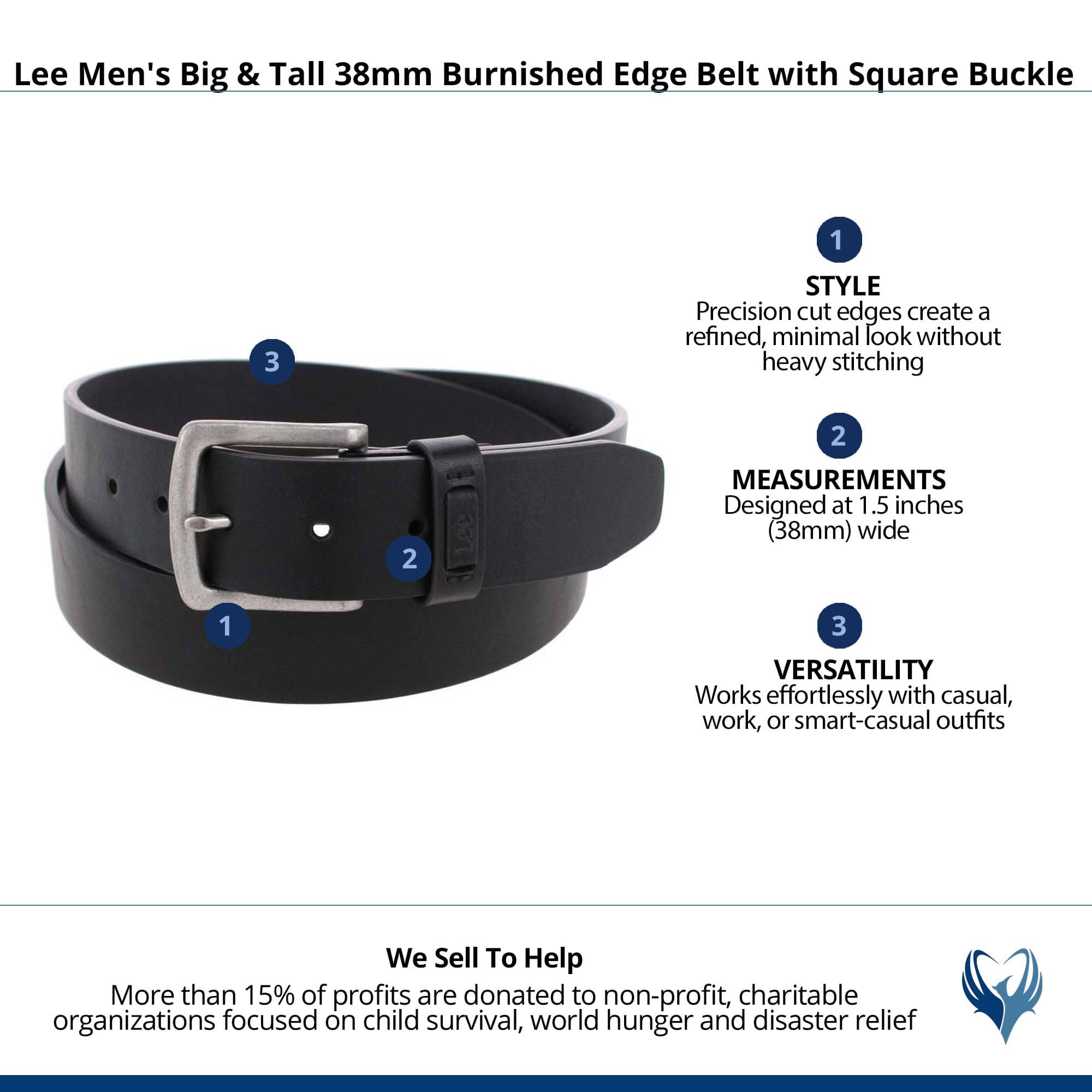 Lee Men's Big & Tall 38mm Burnished Edge Belt with Square Buckle - Black
