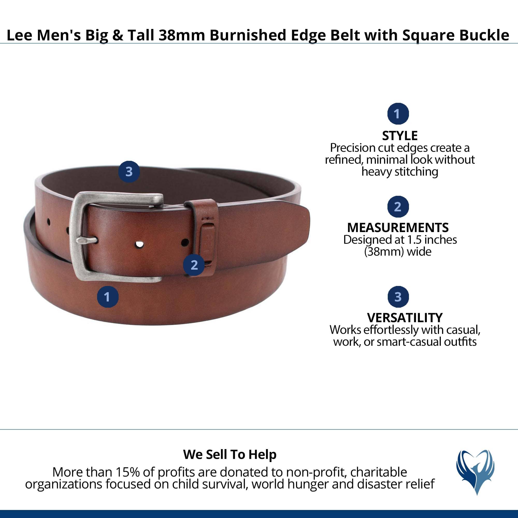 Lee Men's Big & Tall 38mm Burnished Edge Belt with Square Buckle - Cognac