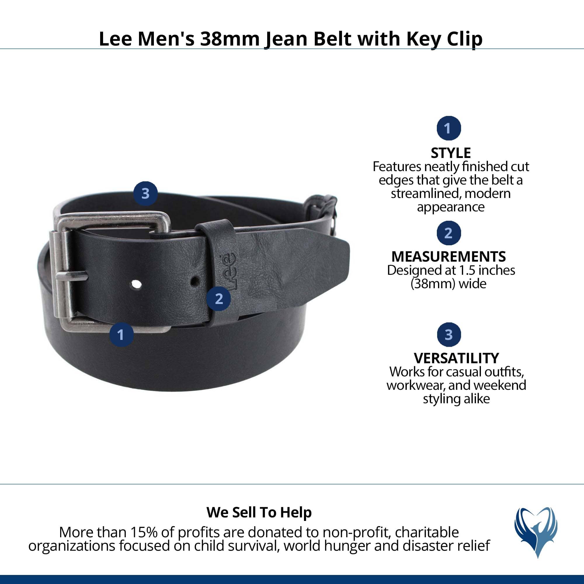 Lee Men's 38mm Jean Belt with Key Clip - Black