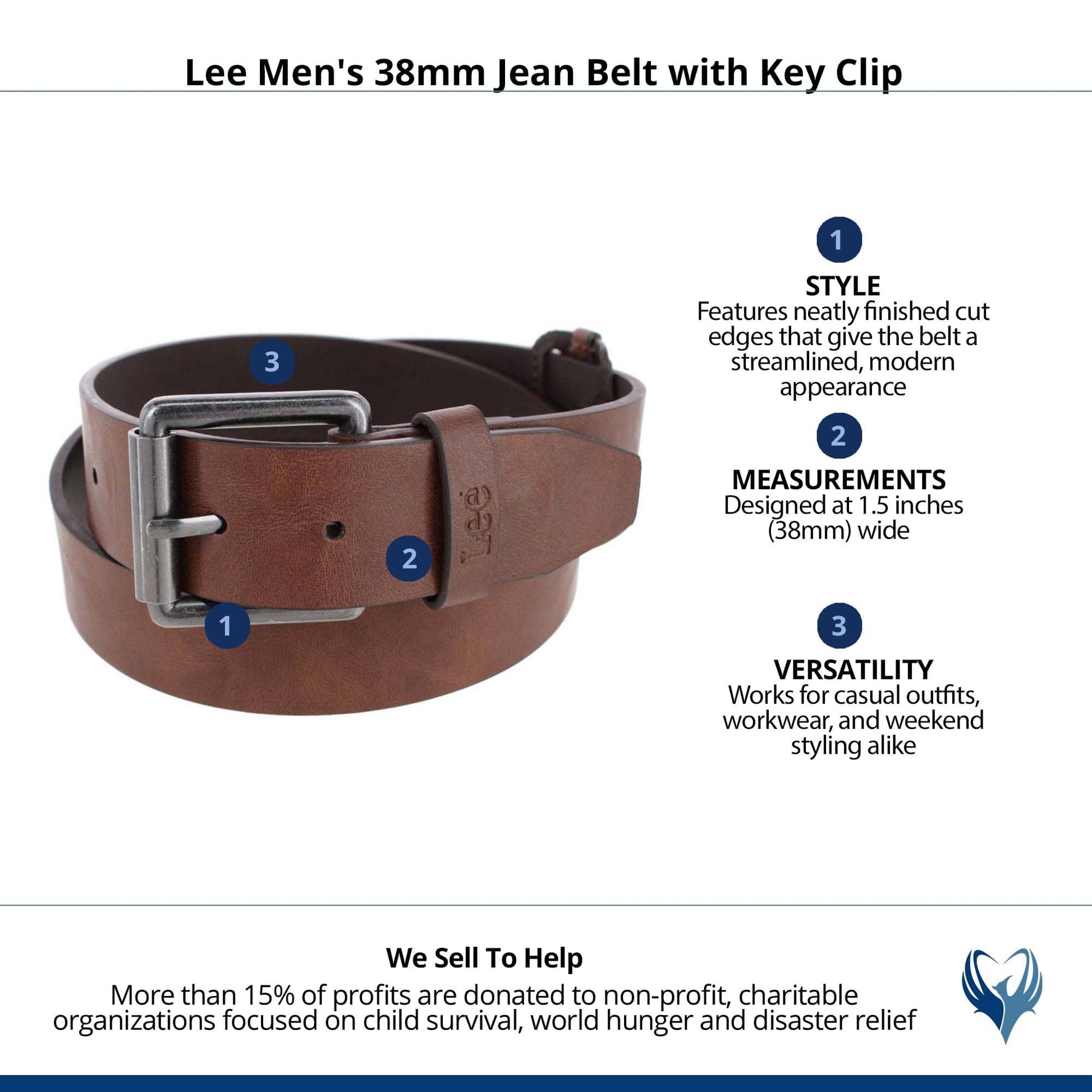 Lee Men's 38mm Jean Belt with Key Clip - Brown