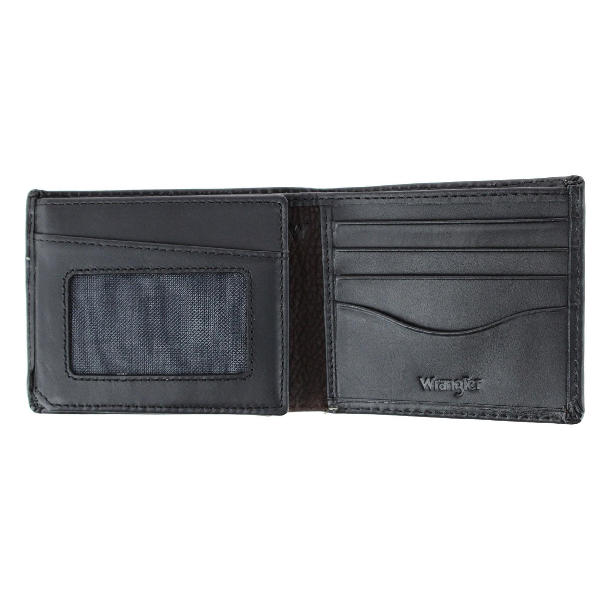 Wrangler Men's Leather Bifold Wallet with Tracker Tag Pocket - Black