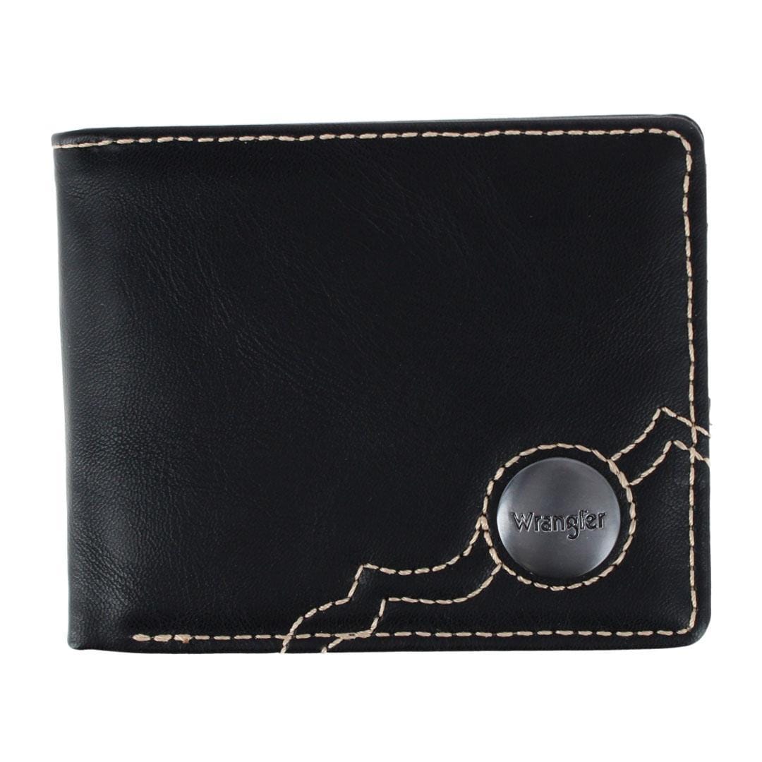 Wrangler Men's Bifold Wallet with Western Stitch Detail - Black