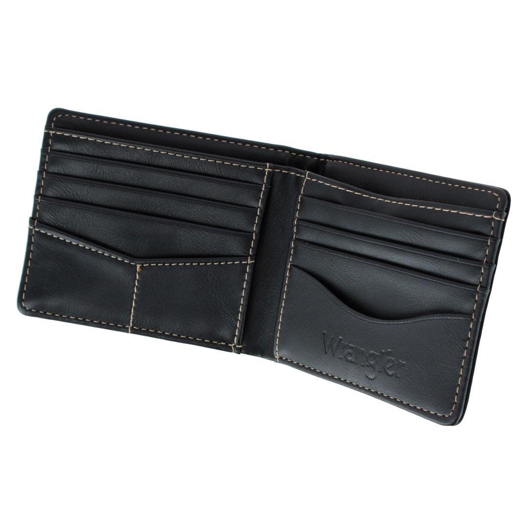 Wrangler Men's Bifold Wallet with Western Stitch Detail - Black