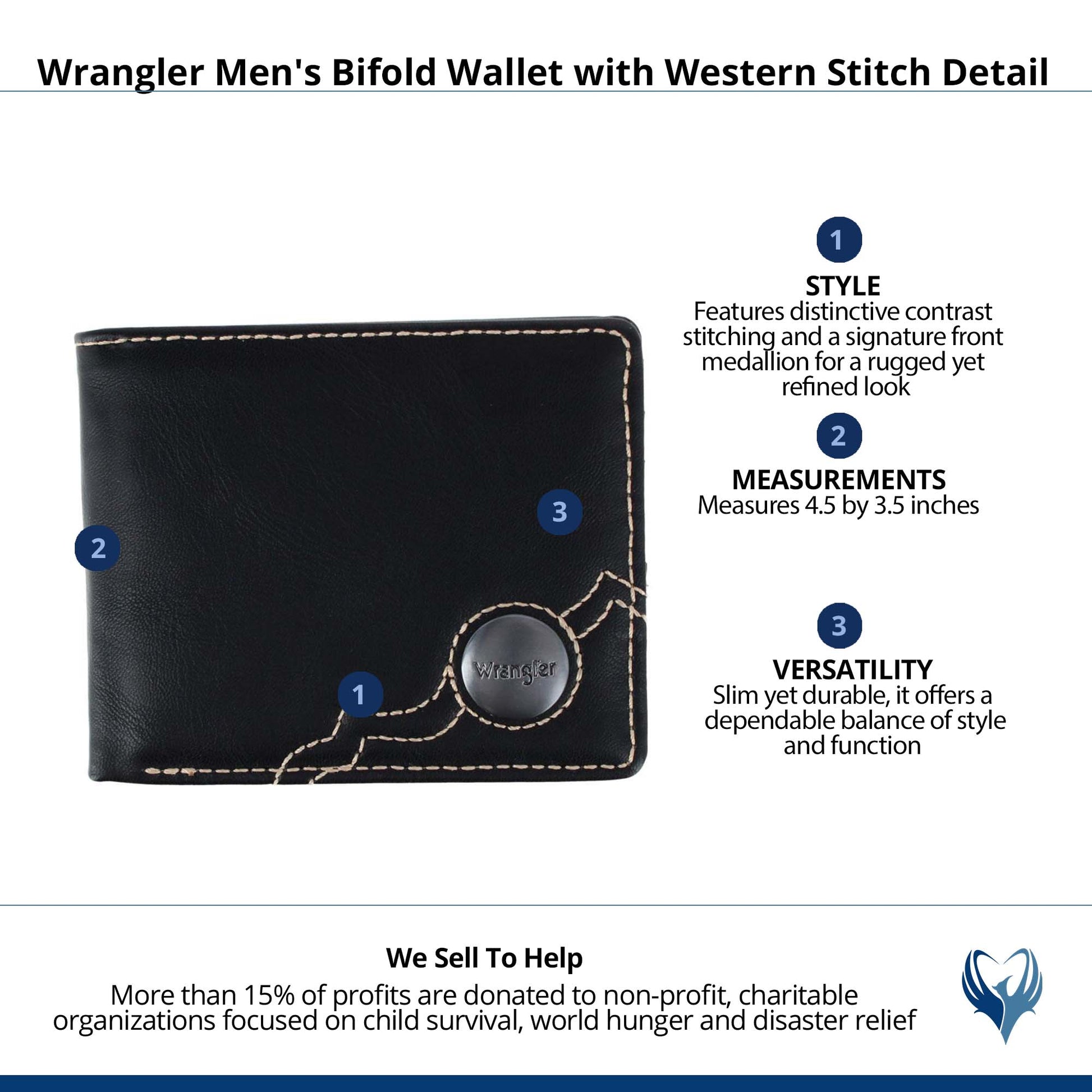 Wrangler Men's Bifold Wallet with Western Stitch Detail - Black