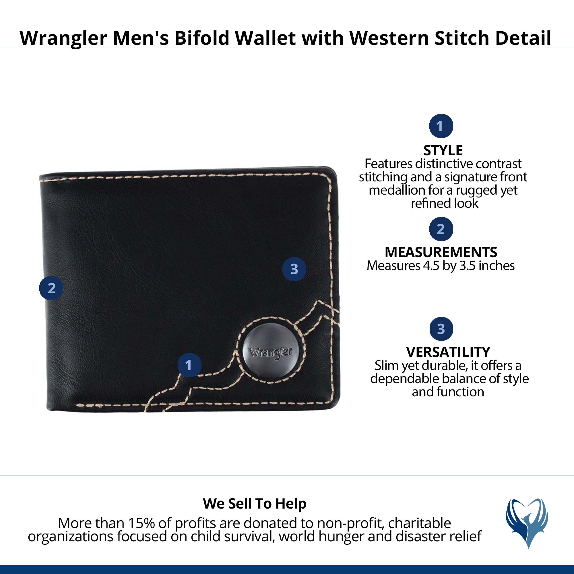 Wrangler Men's Bifold Wallet with Western Stitch Detail - Black