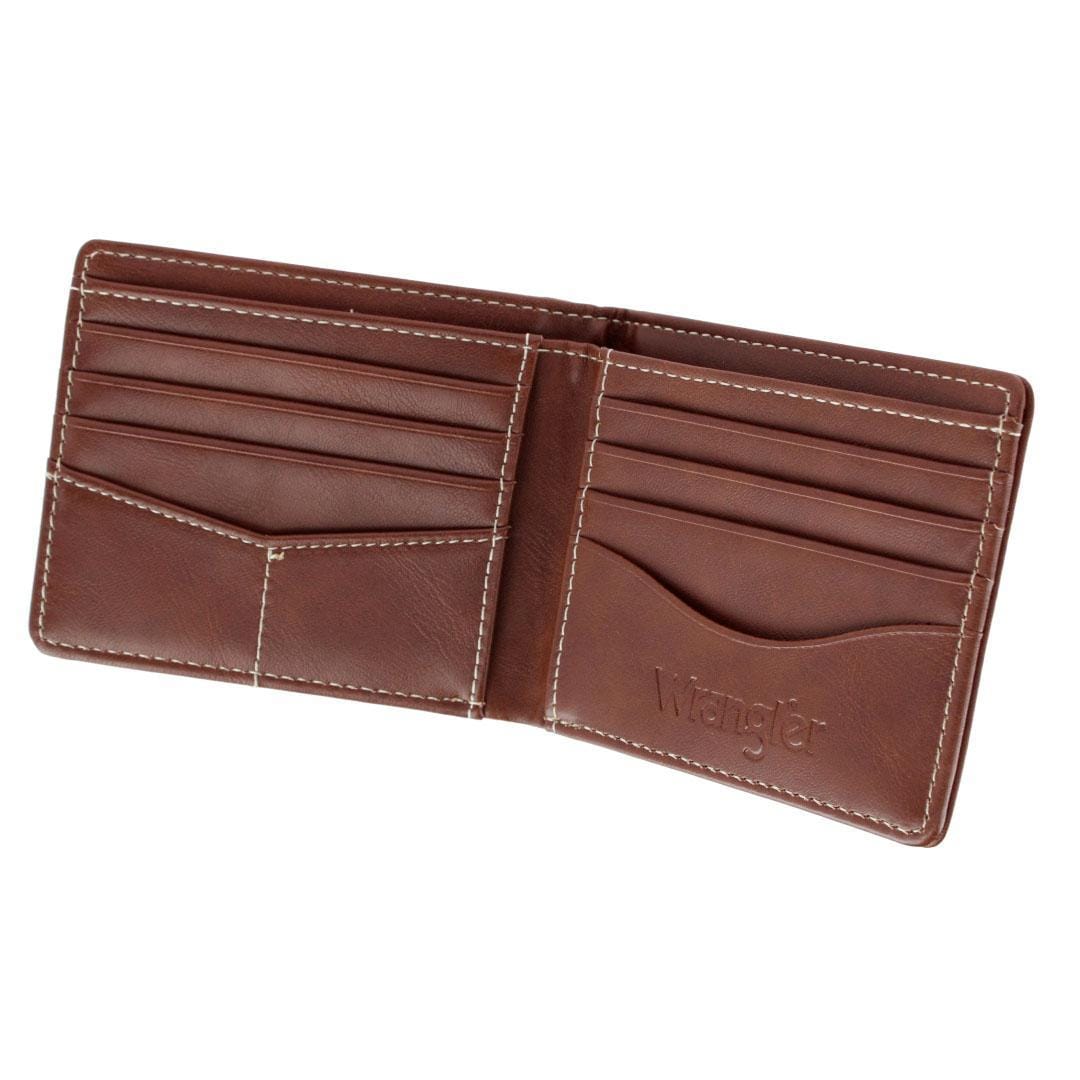 Wrangler Men's Bifold Wallet with Western Stitch Detail - Brown