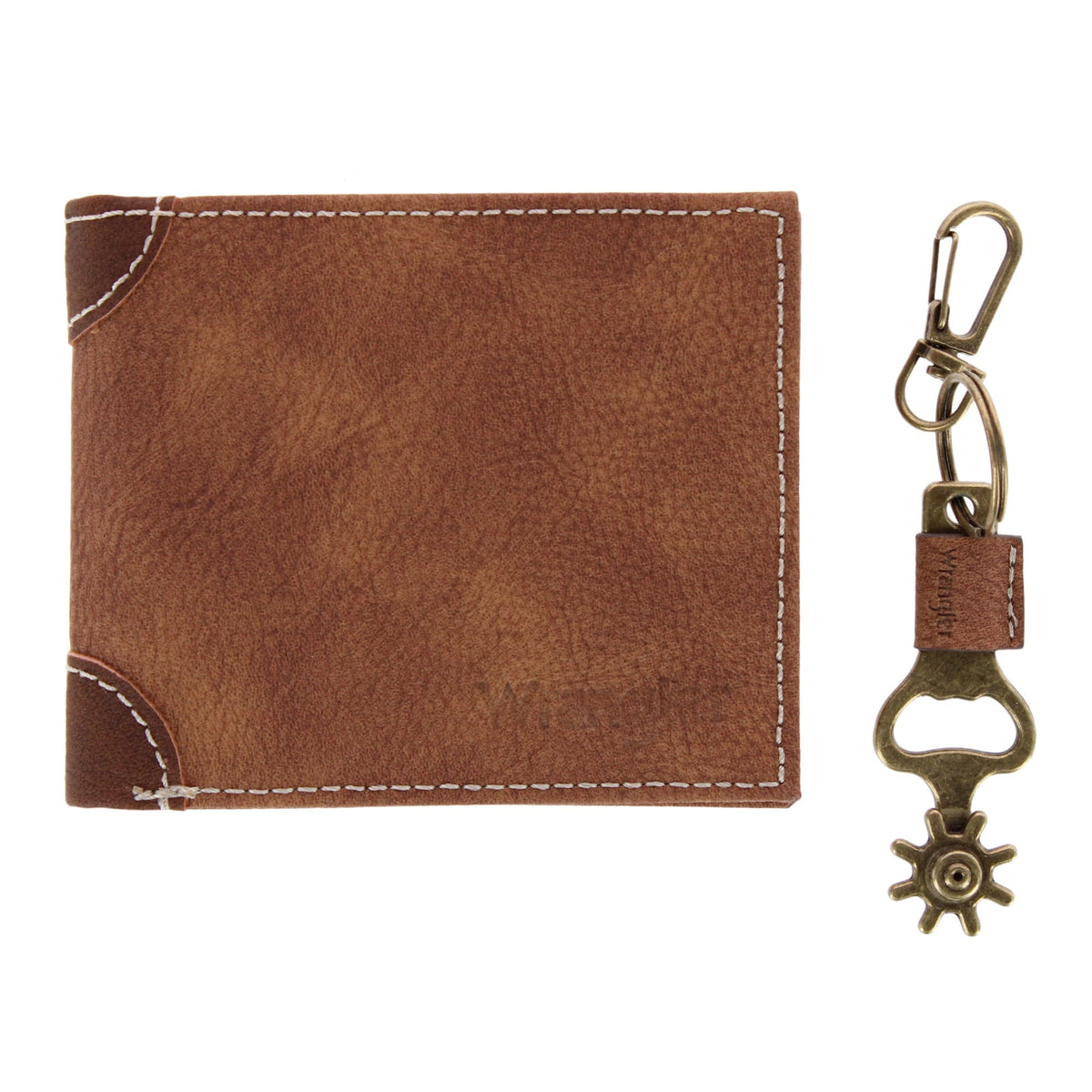 Wrangler Men's Synthetic Leather Bifold Wallet & Spur Keychain Gift Set - Brown