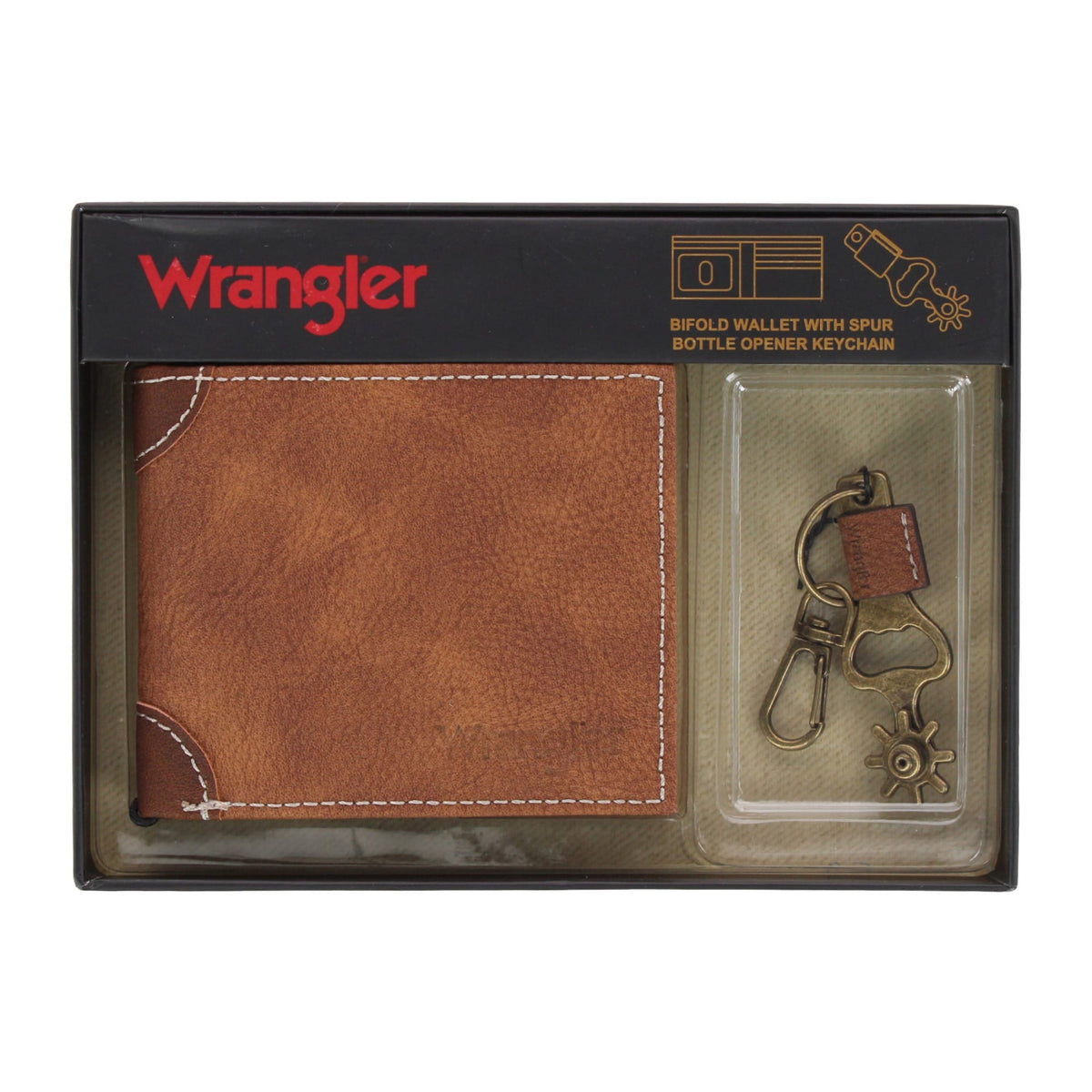 Wrangler Men's Synthetic Leather Bifold Wallet & Spur Keychain Gift Set - Brown