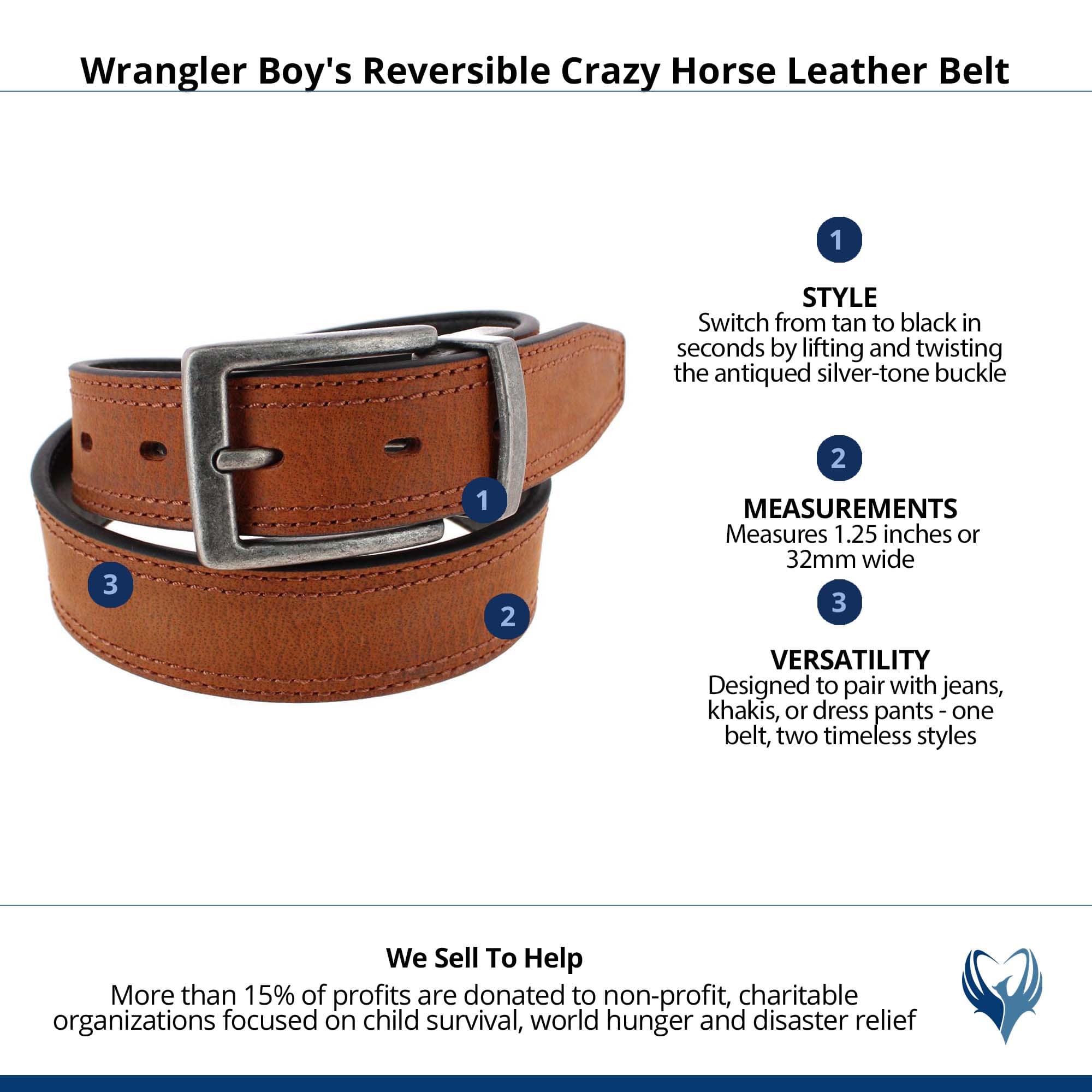 Wrangler Boy's Reversible Crazy Horse Leather Belt - Cognac/Black