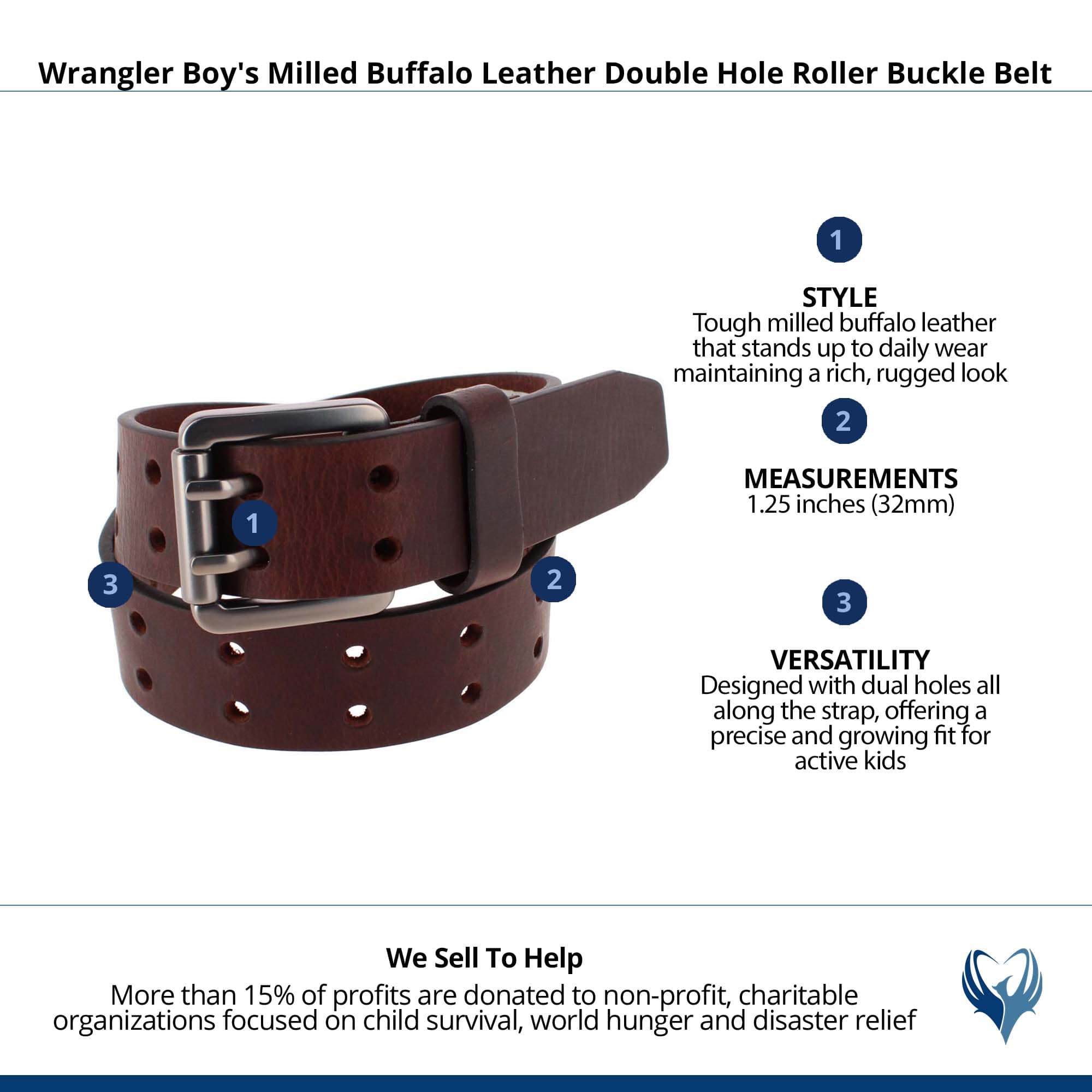 Wrangler Boy's Milled Buffalo Leather Double Hole Roller Buckle Belt - Brown