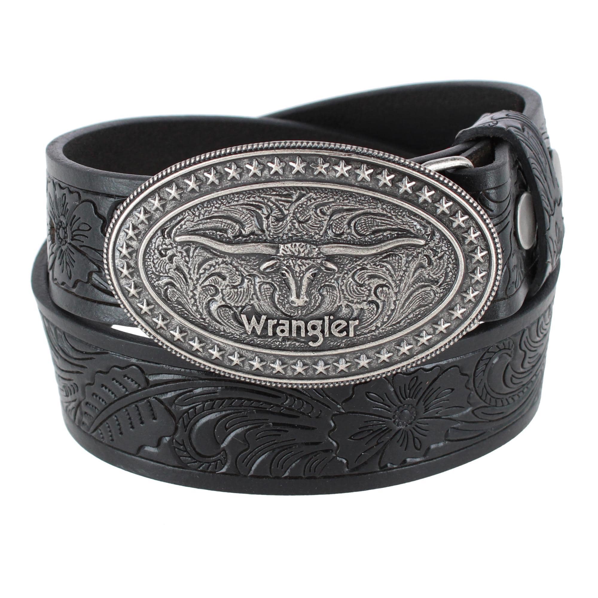 Wrangler Boy's Leather Western Embossed Belt with Removable Buckle - Black