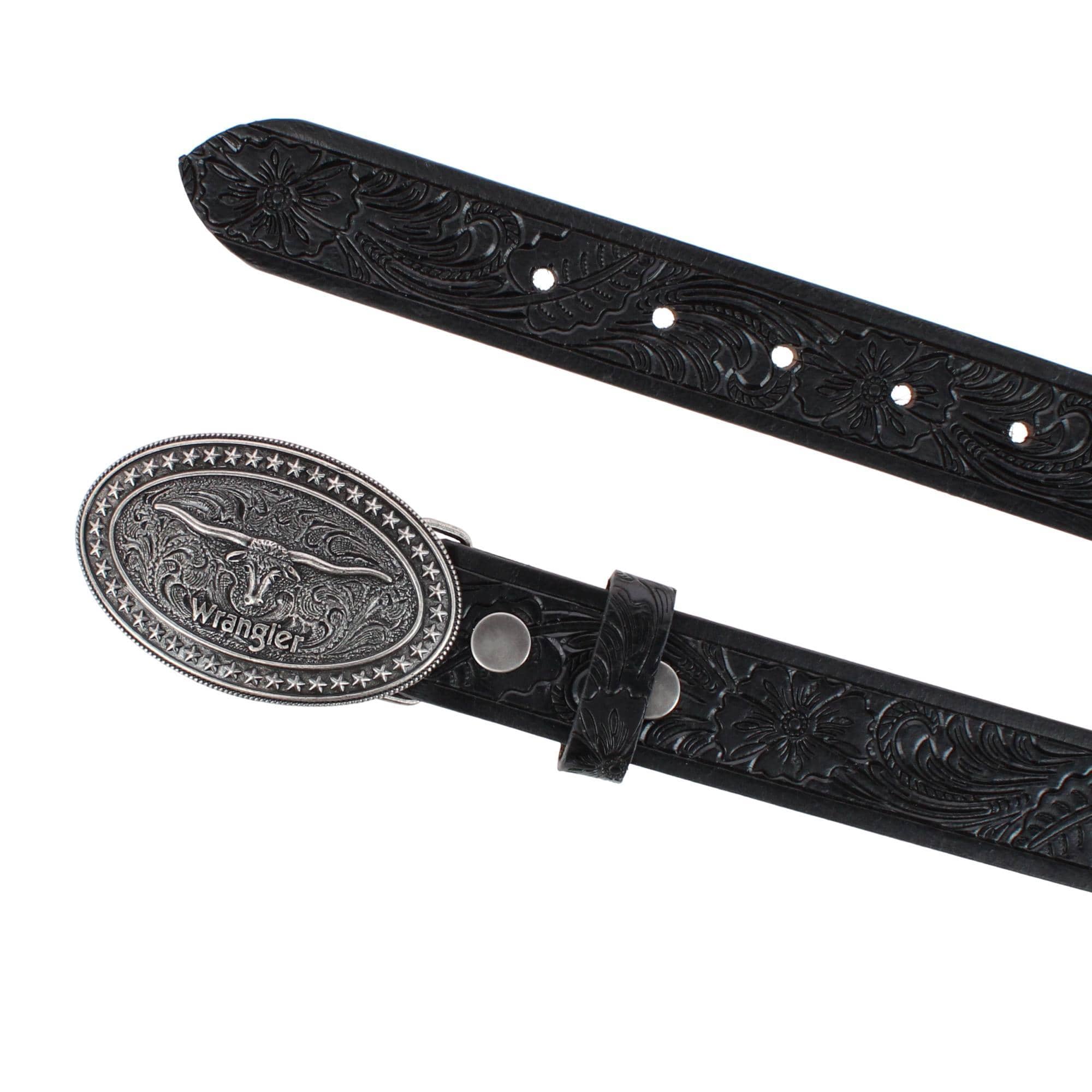 Wrangler Boy's Leather Western Embossed Belt with Removable Buckle - Black