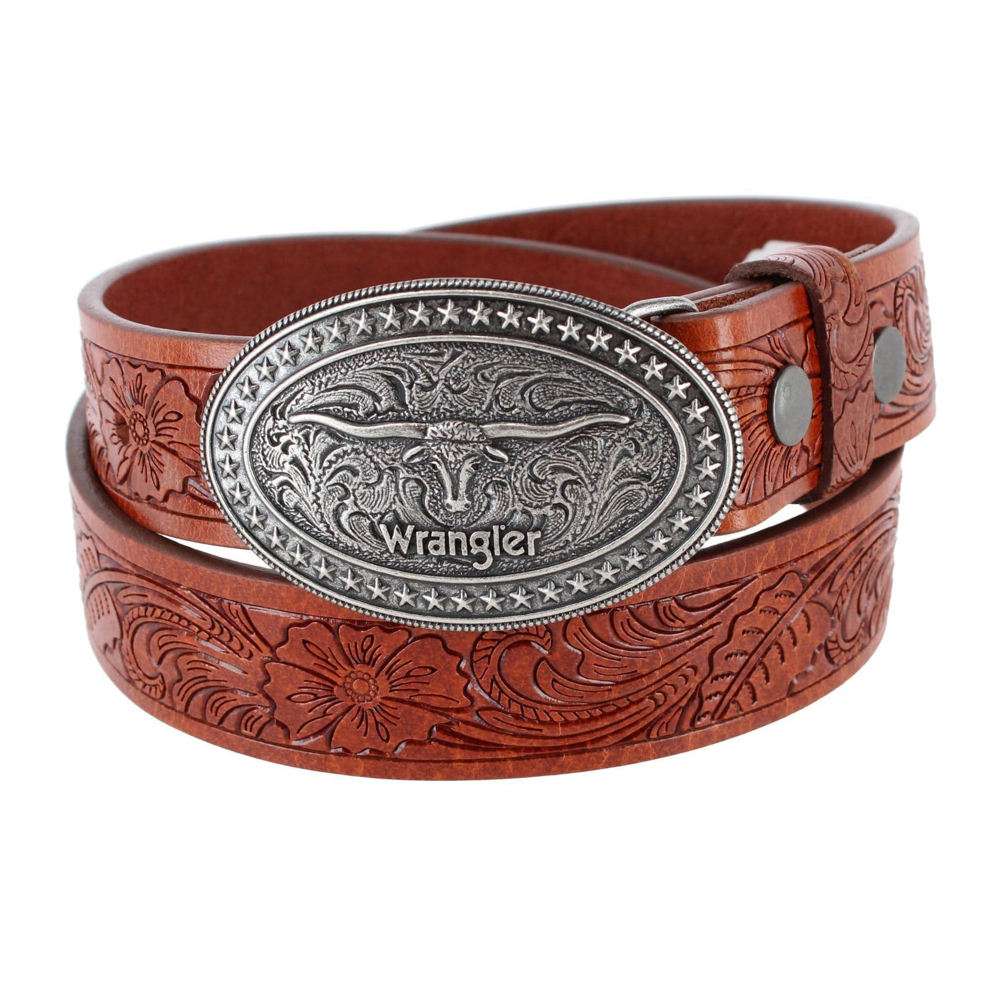 Wrangler Boy's Leather Western Embossed Belt with Removable Buckle - Boy's Leather Western Embossed Belt with Removable Buckle
