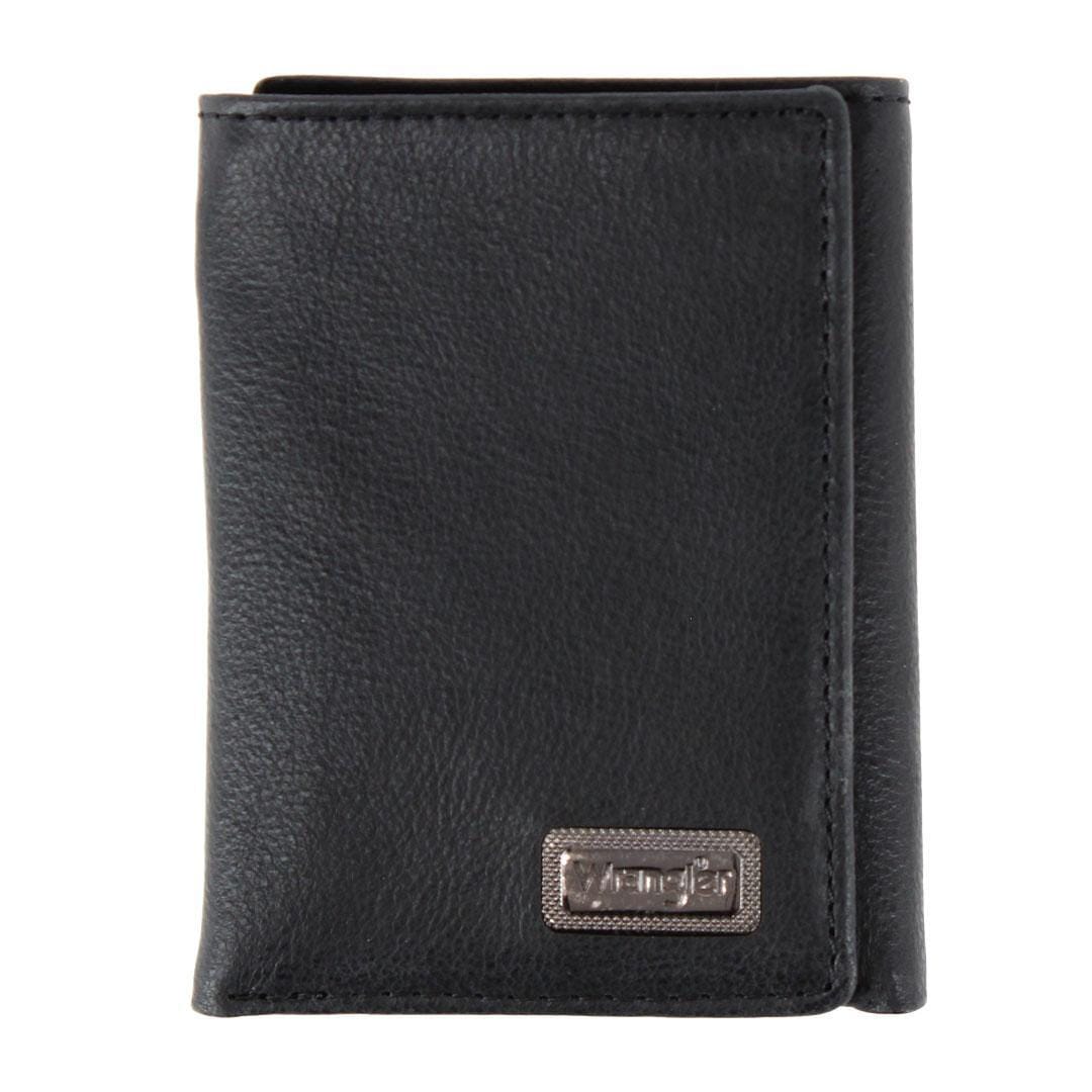 Wrangler Men's Pebble Grain Leather Trifold Wallet with Metal Logo
