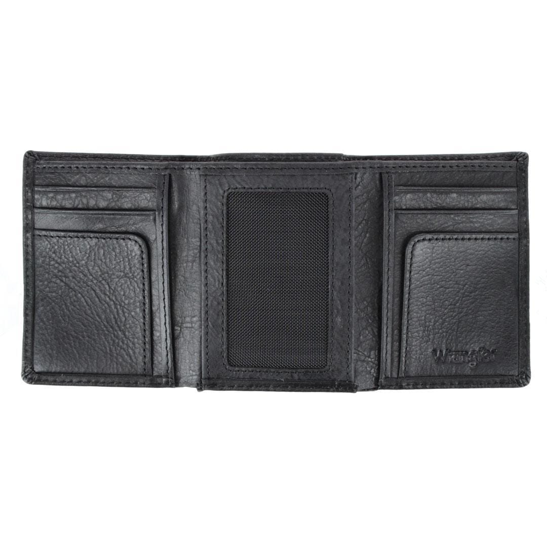 Wrangler Men's Pebble Grain Leather Trifold Wallet with Metal Logo - Black