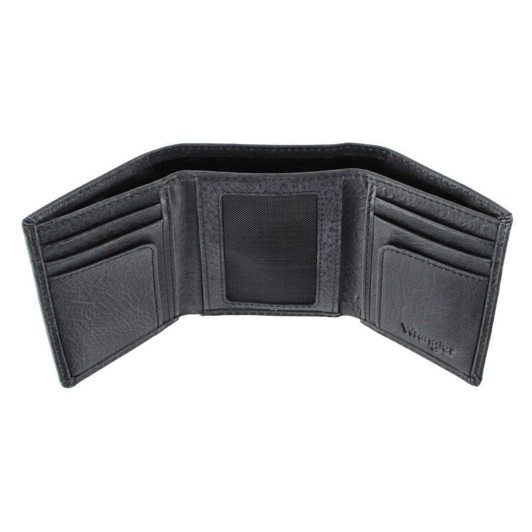 Wrangler Men's Pebble Grain Leather Trifold Wallet with Metal Logo - Black