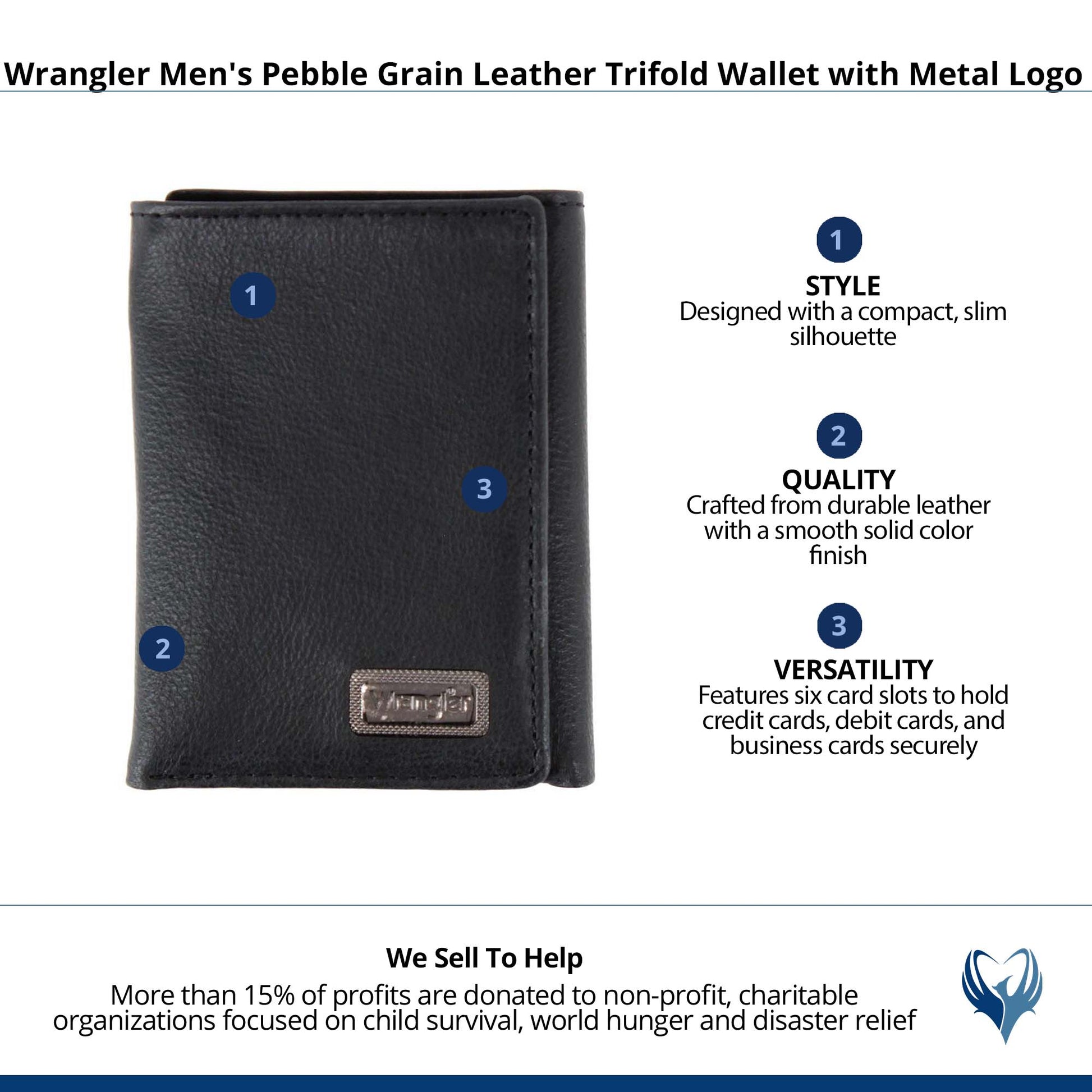 Wrangler Men's Pebble Grain Leather Trifold Wallet with Metal Logo - Black