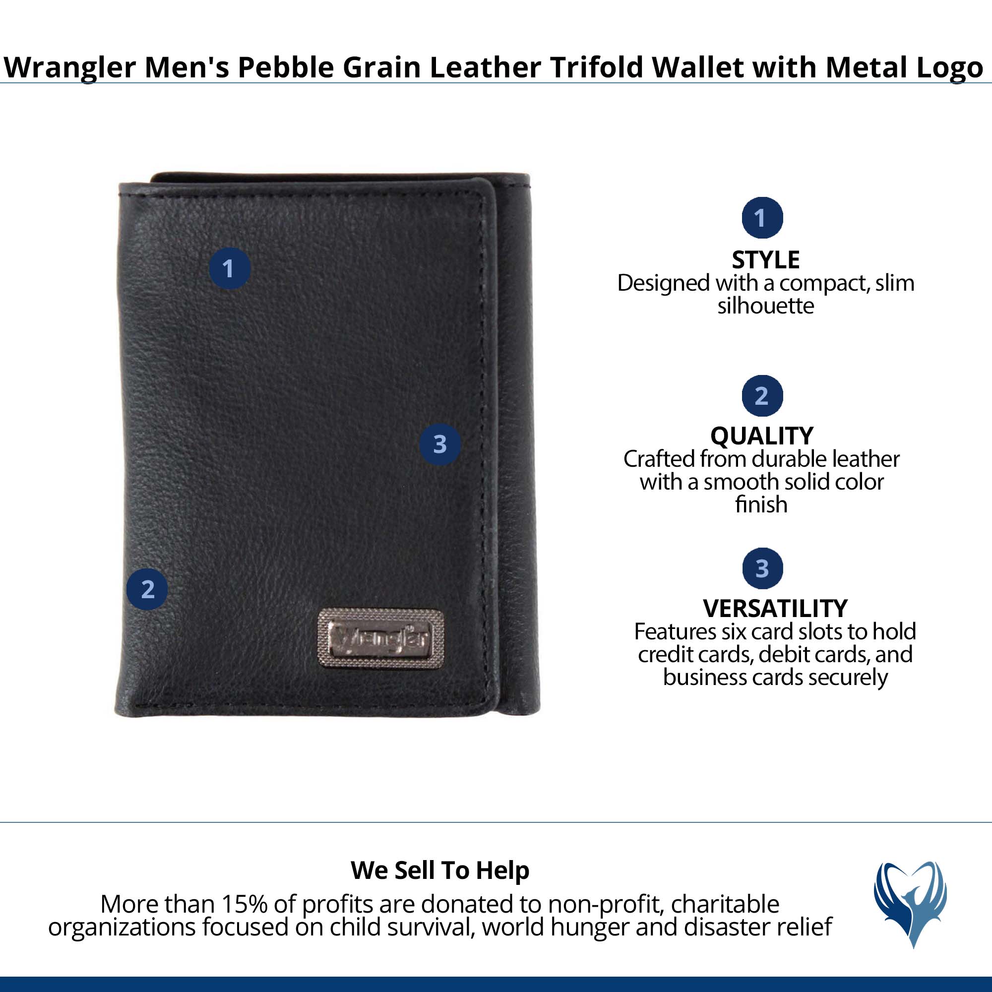Wrangler Men's Pebble Grain Leather Trifold Wallet with Metal Logo - Black