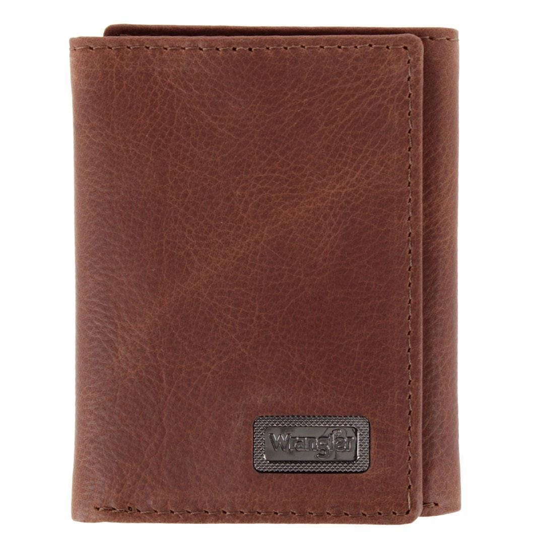 Wrangler Men's Pebble Grain Leather Trifold Wallet with Metal Logo - Brown