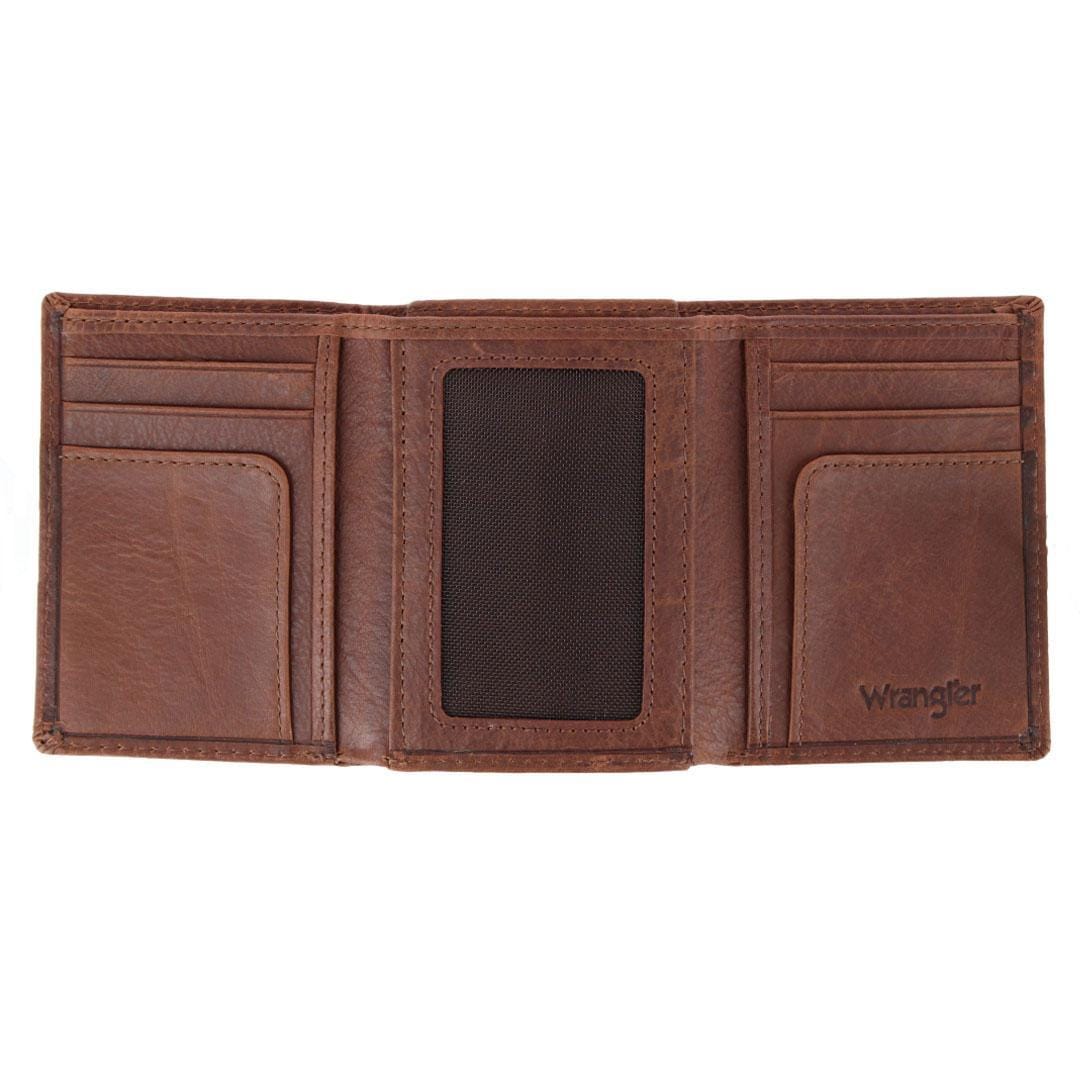 Wrangler Men's Pebble Grain Leather Trifold Wallet with Metal Logo - Brown