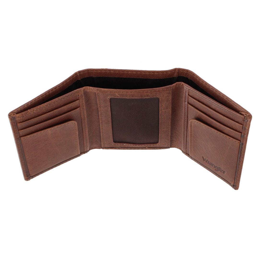 Wrangler Men's Pebble Grain Leather Trifold Wallet with Metal Logo - Brown